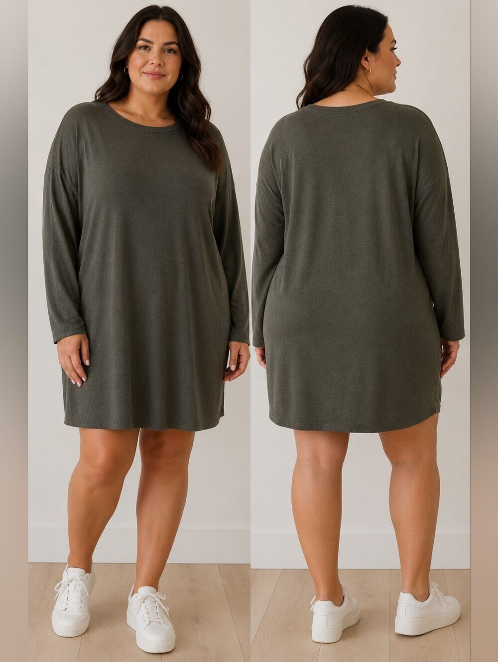 Kit and Ace Relaxed Long-Sleeve Shift Dress in Olive